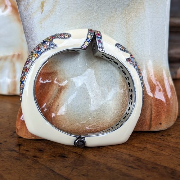 Rina Limor Off White Enamel Bracelet 925 Sterling Silver Clamper Bangle Signed - Picture 6 of 8